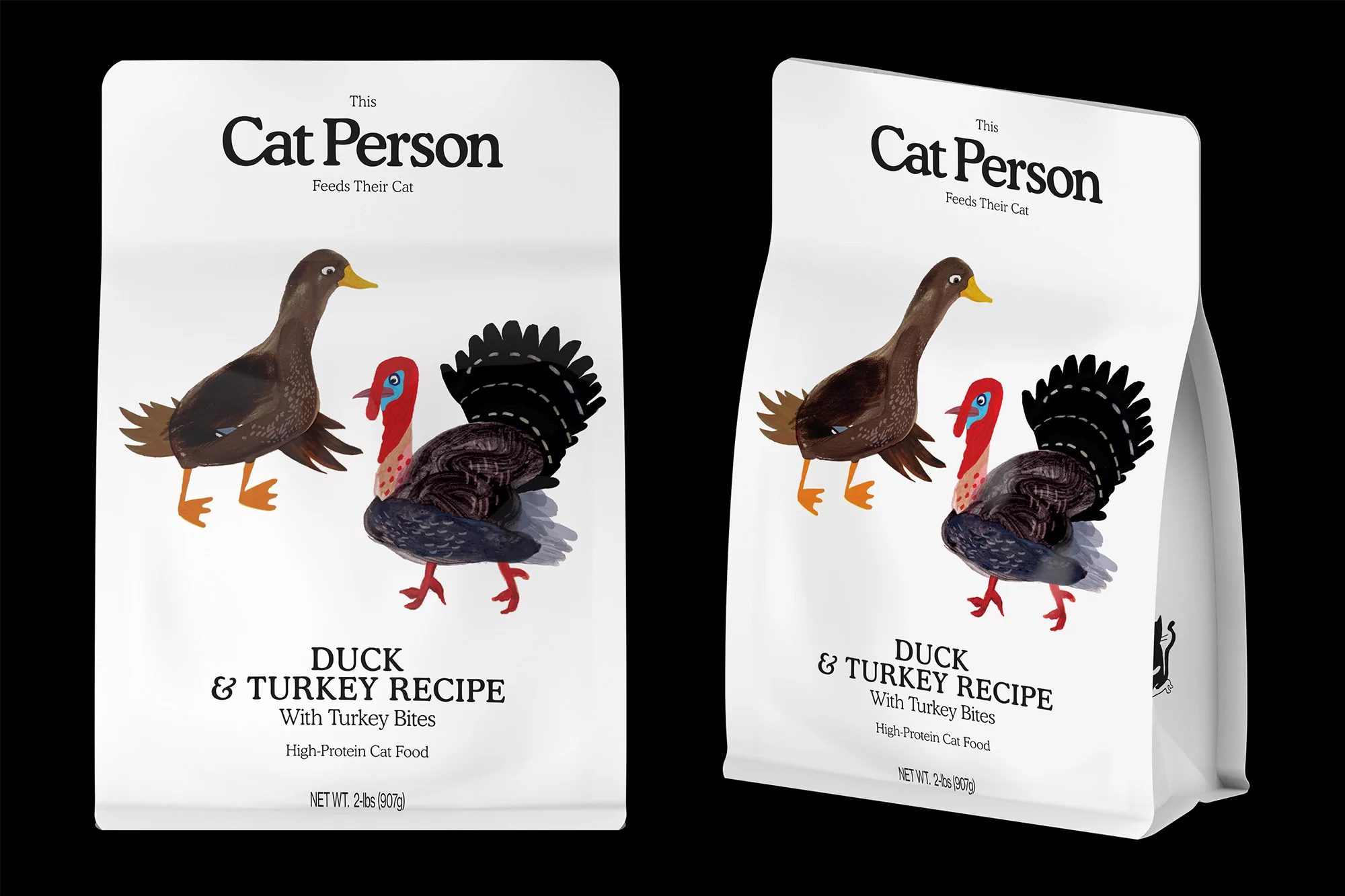 Two bags of cat food featuring illustrations of a duck and a turkey, set against a solid black backdrop for product display.
