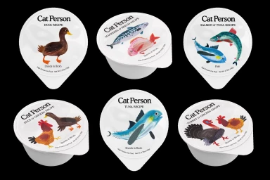 Six white cat food cups arranged in two rows on a black background featuring watercolor animal illustrations.