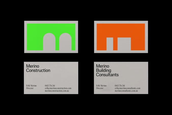 Business card designs for Merino showing front and back layouts with bright neon green and orange geometric blocks against a black backdrop