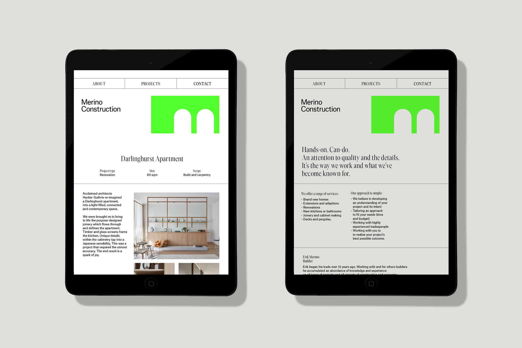 Two tablets display the Merino Construction website. The website features the company logo, project details, and interior design images.