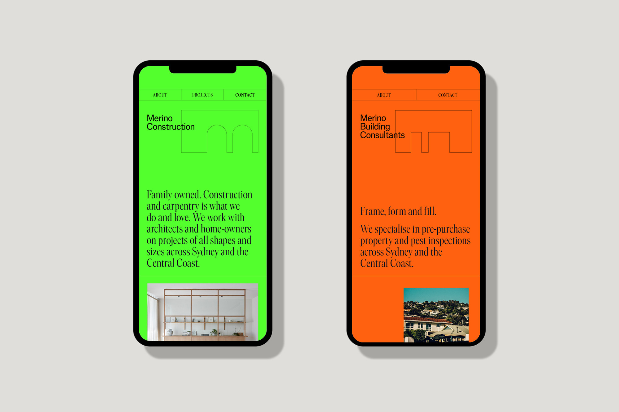 Two smartphone screens display website designs for construction and building consultancy companies, showcasing layout and interface.