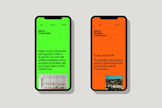 Two smartphone screens display website designs for construction and building consultancy companies, showcasing layout and interface.
