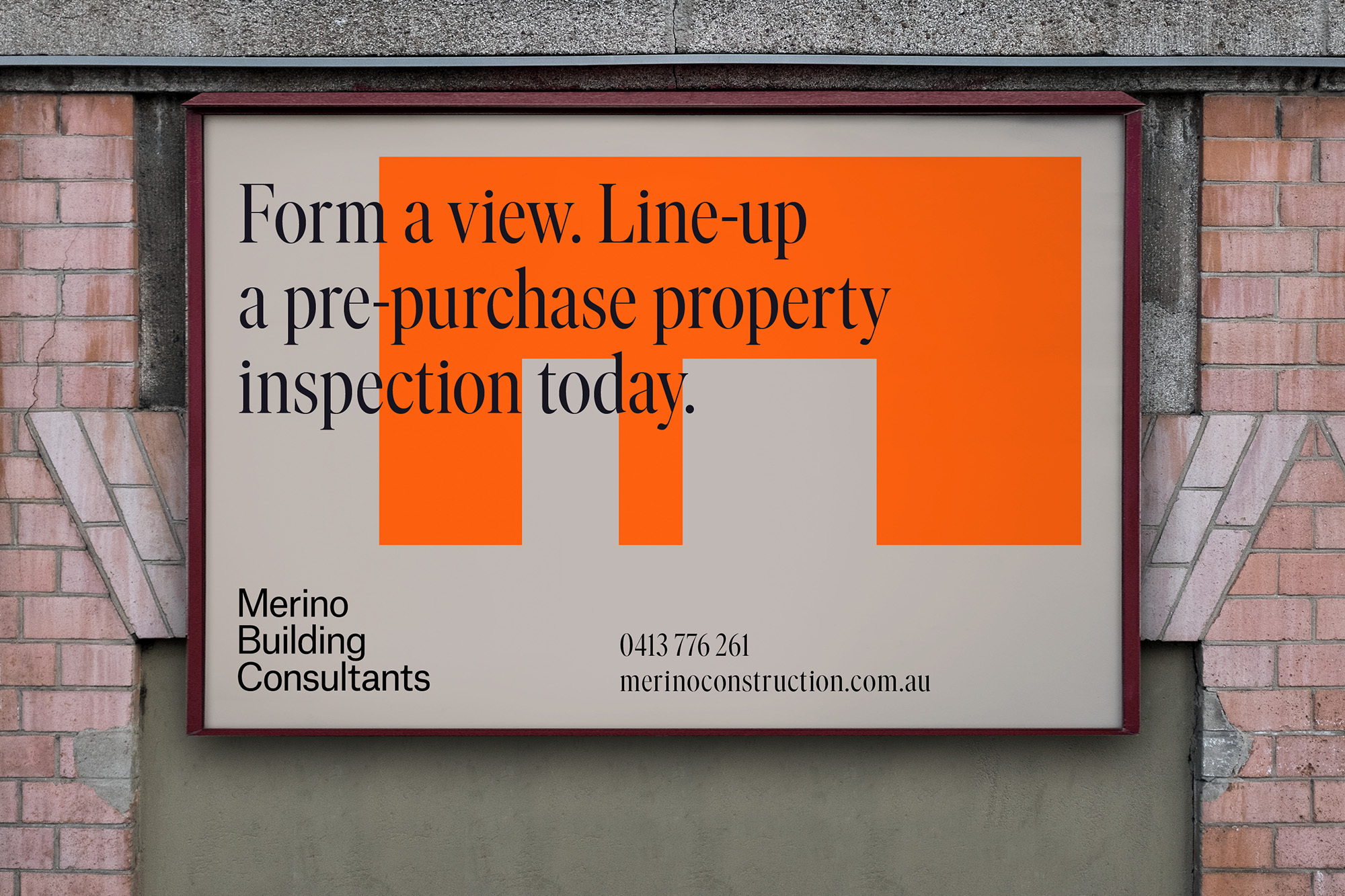 Real estate advertisement featuring an orange graphic element and black text promoting property inspections, framed on a textured wall.