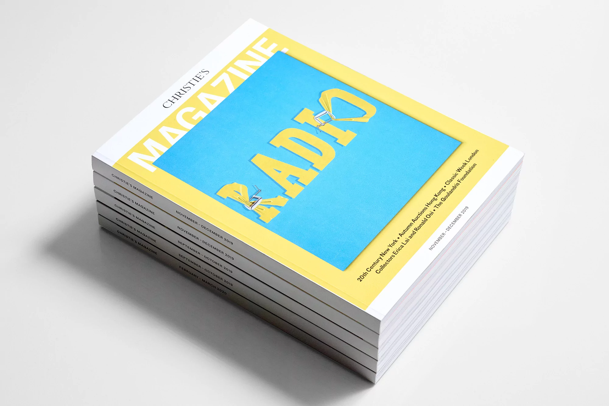 Stack of Christie's Magazine featuring a blue and yellow cover with the word 'RADIO' and a small image of radio equipment.