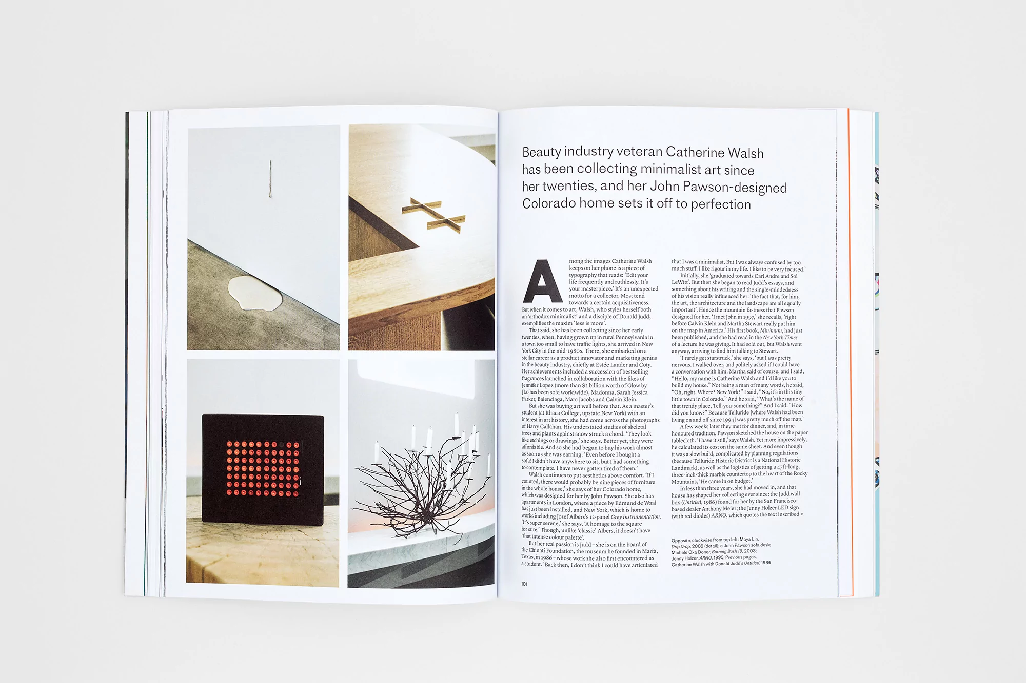 Open magazine spread featuring minimalist art and interior design, with text about Catherine Walsh's collection and John Pawson's Colorado home.