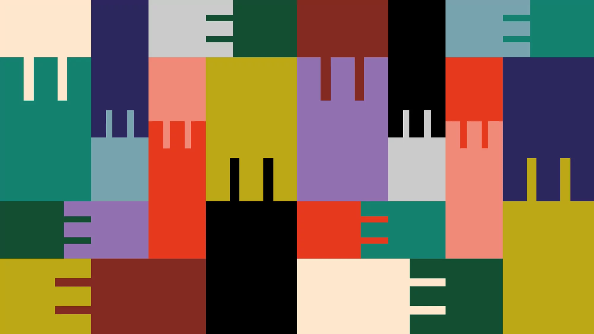 Abstract geometric background with interlocking rectangles in shades of green, purple, red, yellow, and black featuring blocky patterns.