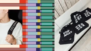 Collage style image for Les Enfants brand identity featuring graphic striped patterns, a person wearing a branded bag strap, and black tote bags.
