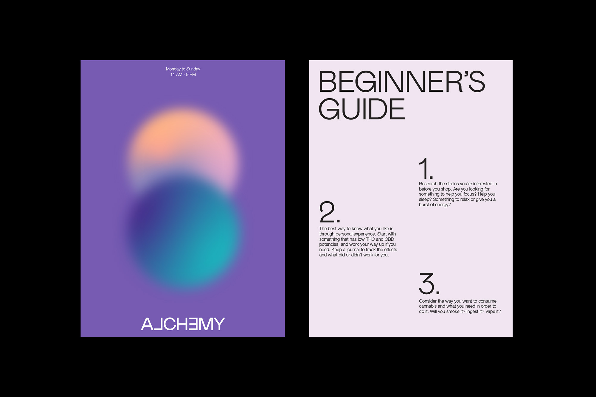 Informational graphic with gradient circles and text about a beginner's guide to alchemy, Monday to Sunday, 11 AM to 9 PM.