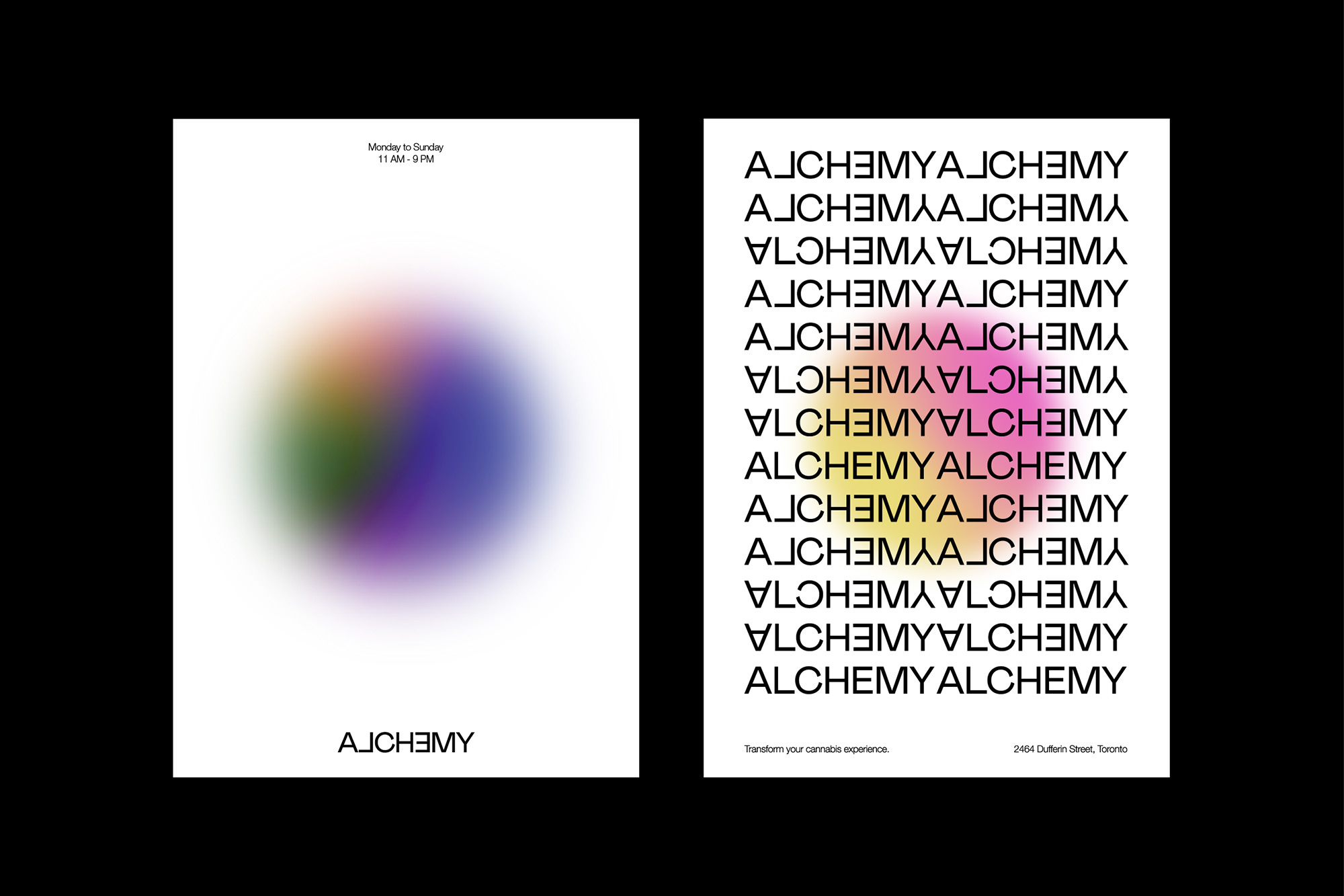 Graphic design posters featuring vibrant color gradients and bold typography, creating a visually striking and modern aesthetic on a dark background.
