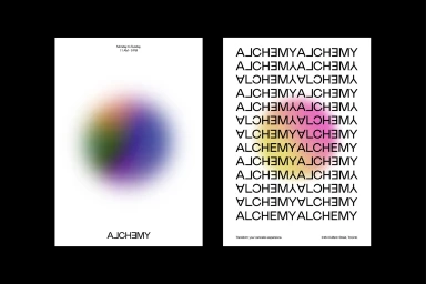 Two white posters displaying minimalist typography with blurred gradient spheres and repeated brand text for Alchemy.