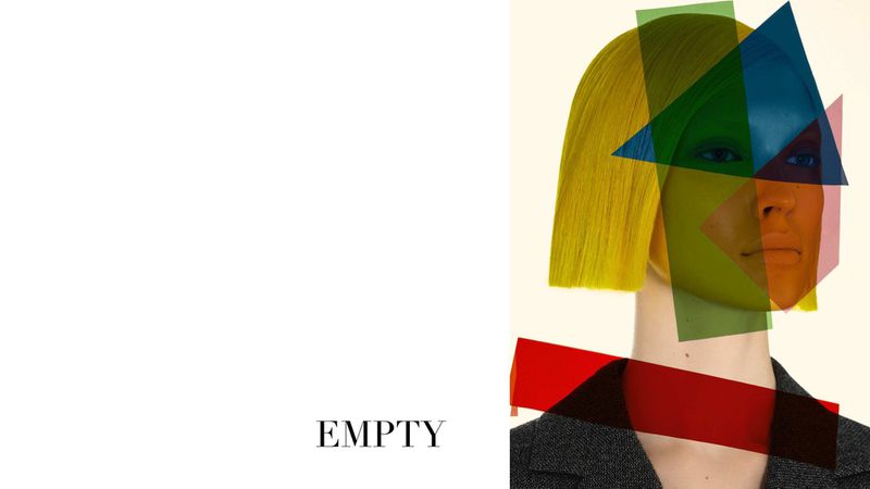 Abstract portrait of a woman with blonde hair and geometric shapes in red, blue, and green, against a neutral backdrop.