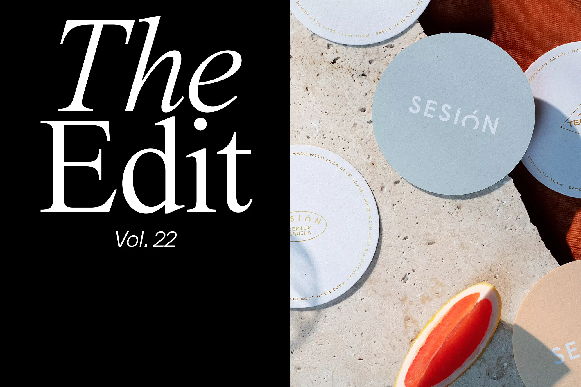 Still life shot of circular drink coasters with beverage brand logos and a slice of grapefruit against a neutral textured surface.