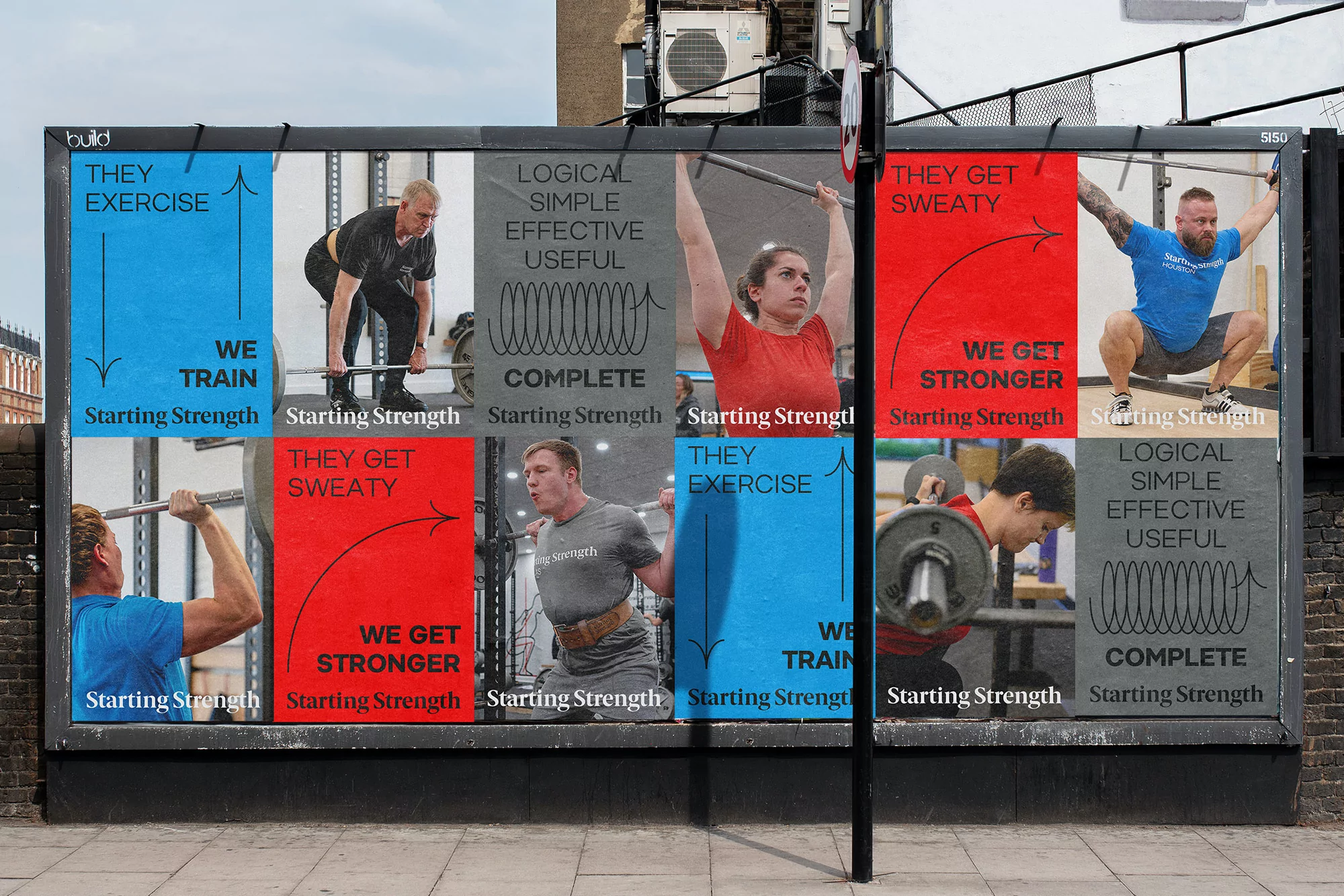 Billboard ad showcasing various athletes lifting weights with motivational text, promoting fitness and strength training programs.