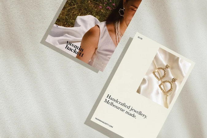 Fashion advertisement featuring a woman in a white dress with jewelry, and a close-up of gold earrings displayed on silk fabric.