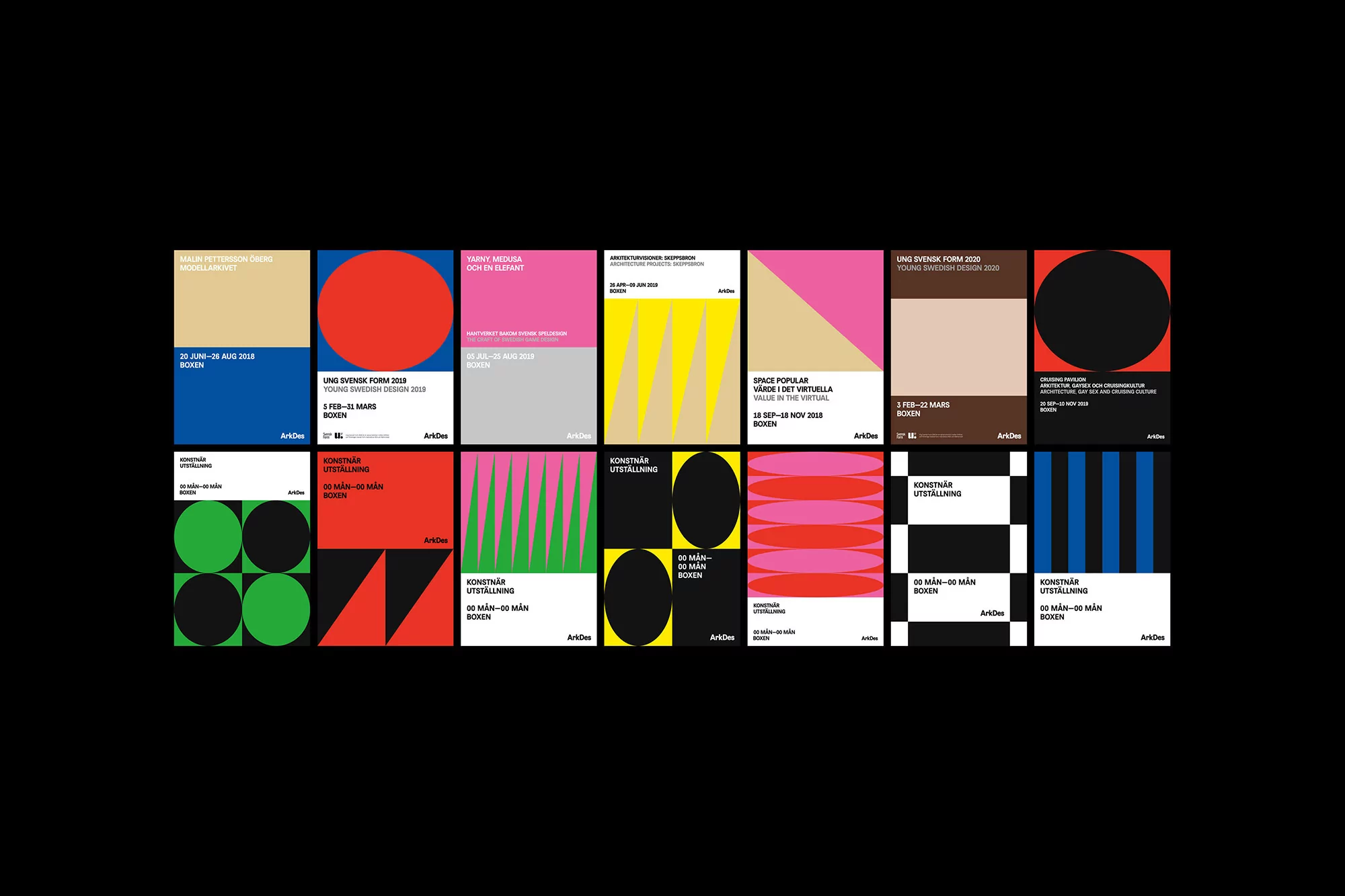 Collection of colorful graphic design posters featuring geometric shapes and typography, arranged on a black background, art exhibition.