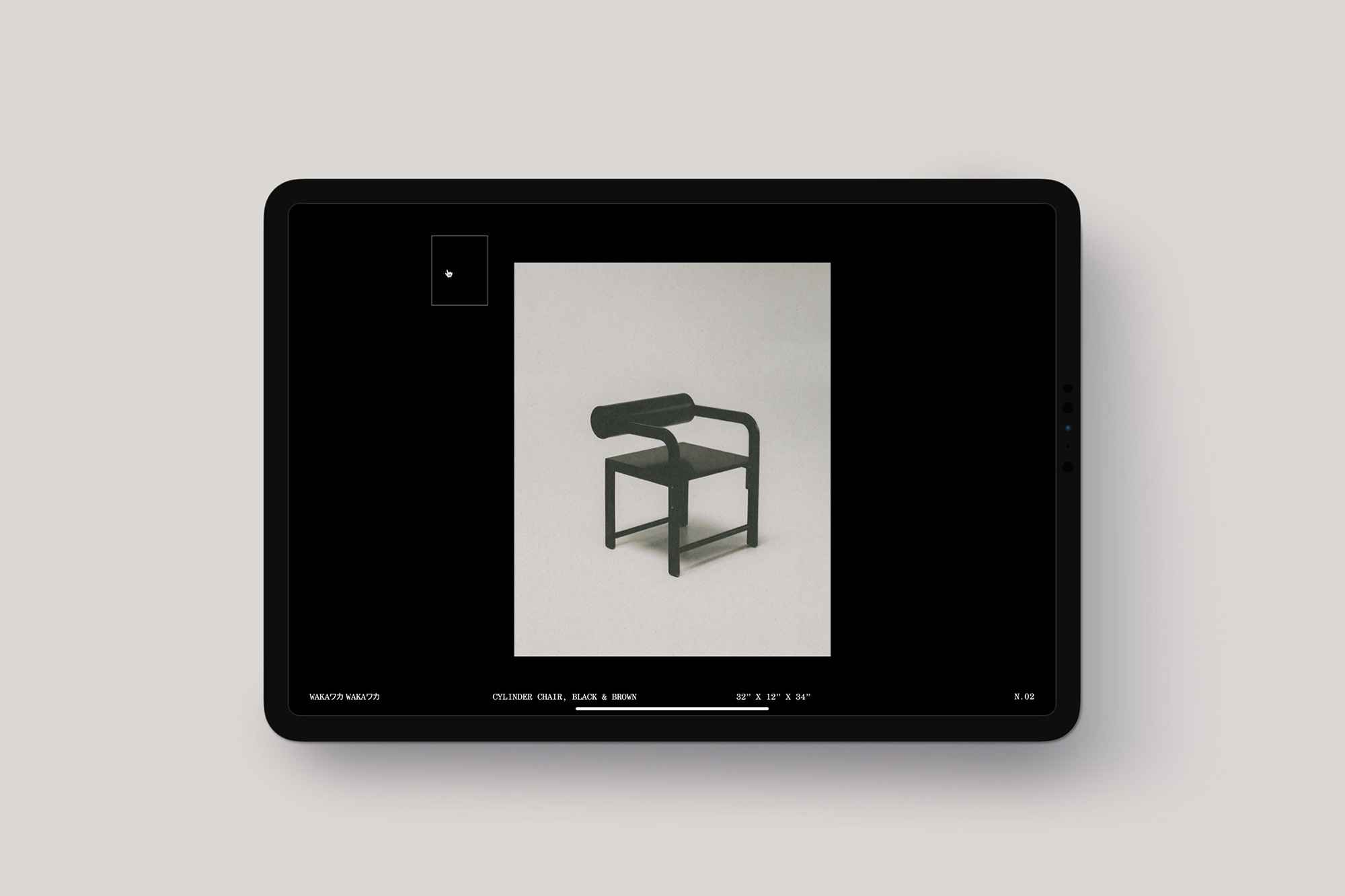 Black CH006 chair by Carl Hansen & Son displayed on a tablet screen, minimalist design, product showcase on grey background.