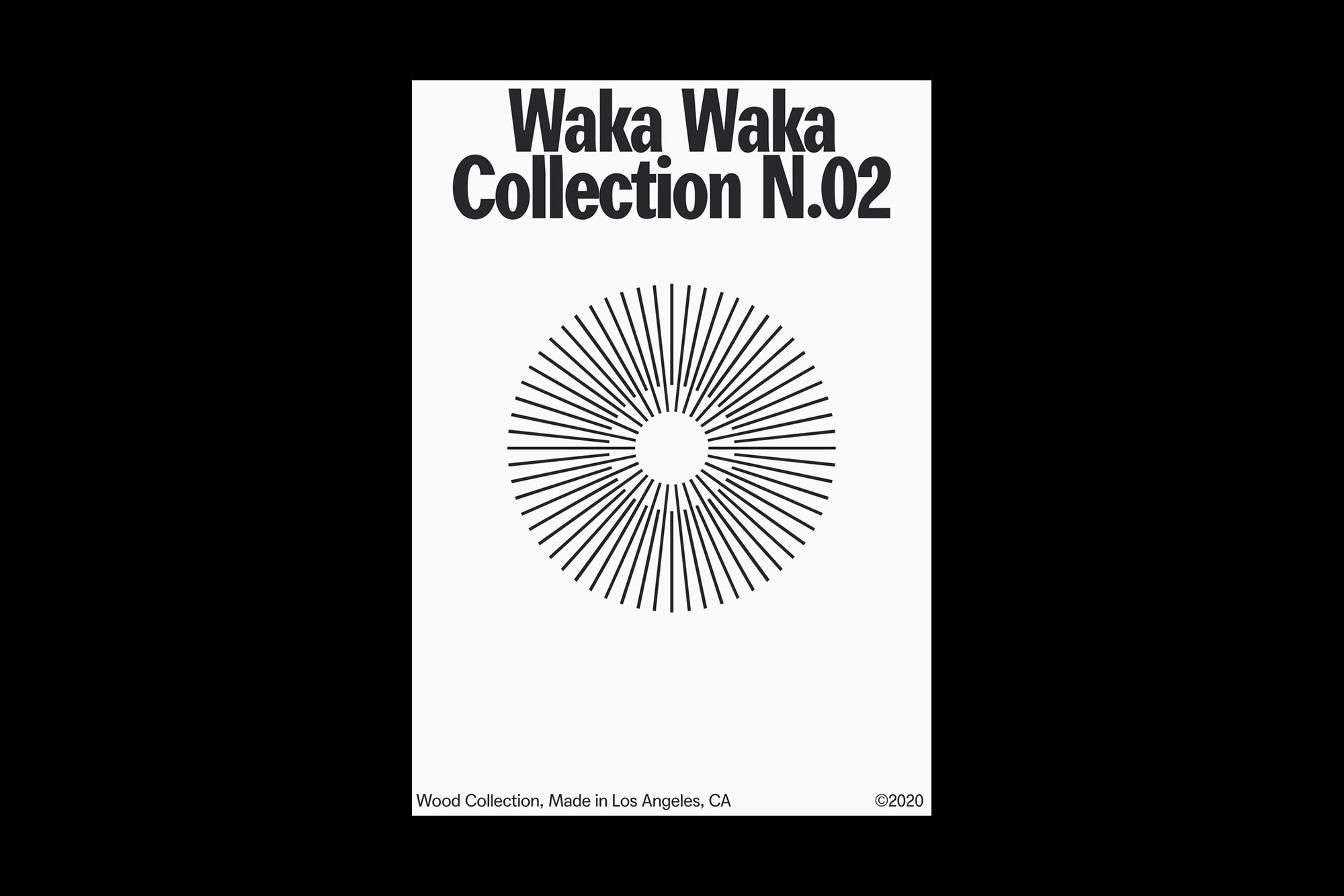Graphic art poster displaying the text 'Waka Waka Collection N.02' with a radial line pattern emanating from the center, against a white backdrop.