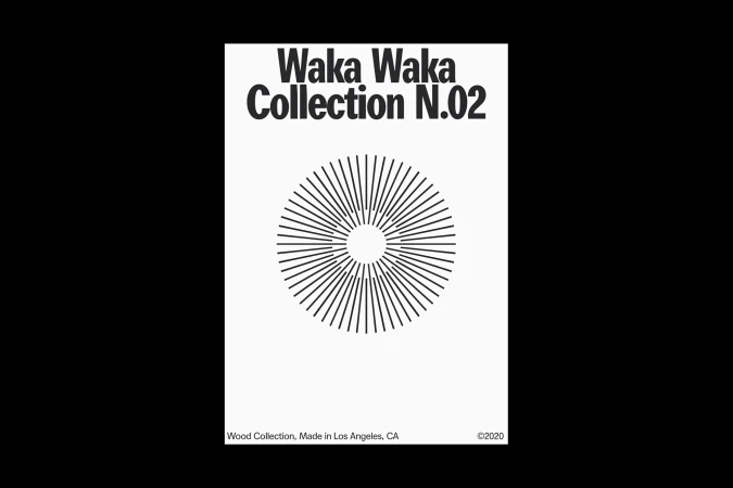 Graphic art poster displaying the text 'Waka Waka Collection N.02' with a radial line pattern emanating from the center, against a white backdrop.