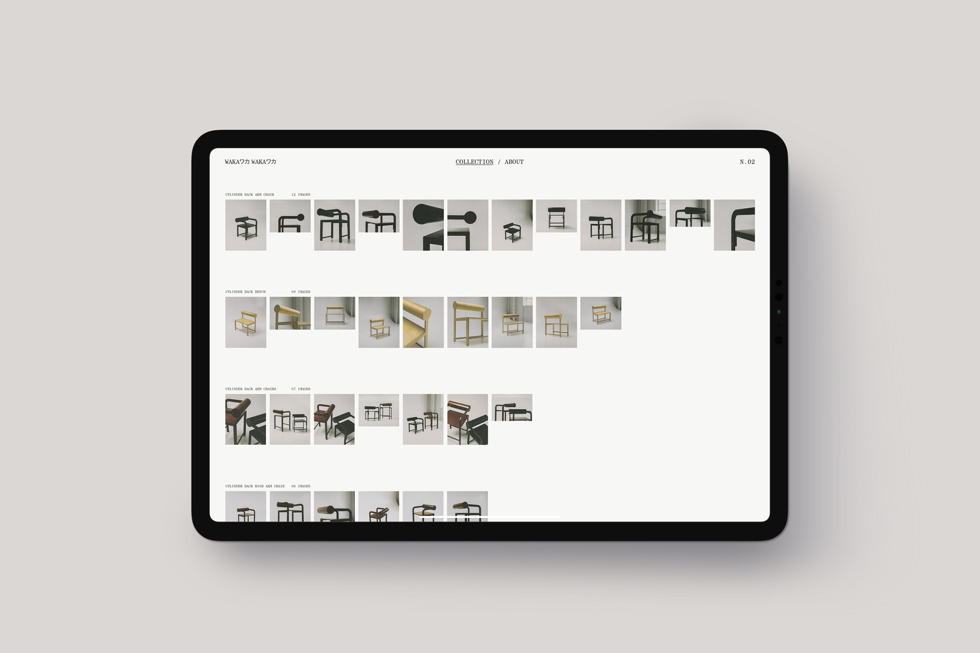 Digital tablet displays an e-commerce website showcasing an array of modern stools against a neutral backdrop, promoting furniture.