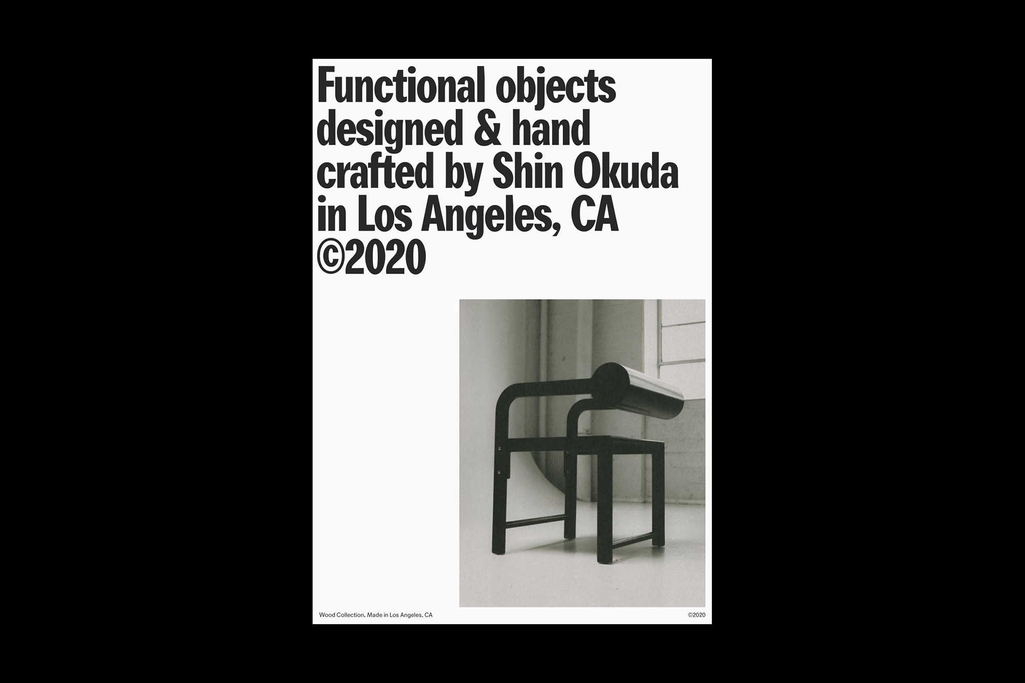 Monochrome studio shot of a minimalist black chair designed by Shin Okuda, with surrounding text on a white and black background.