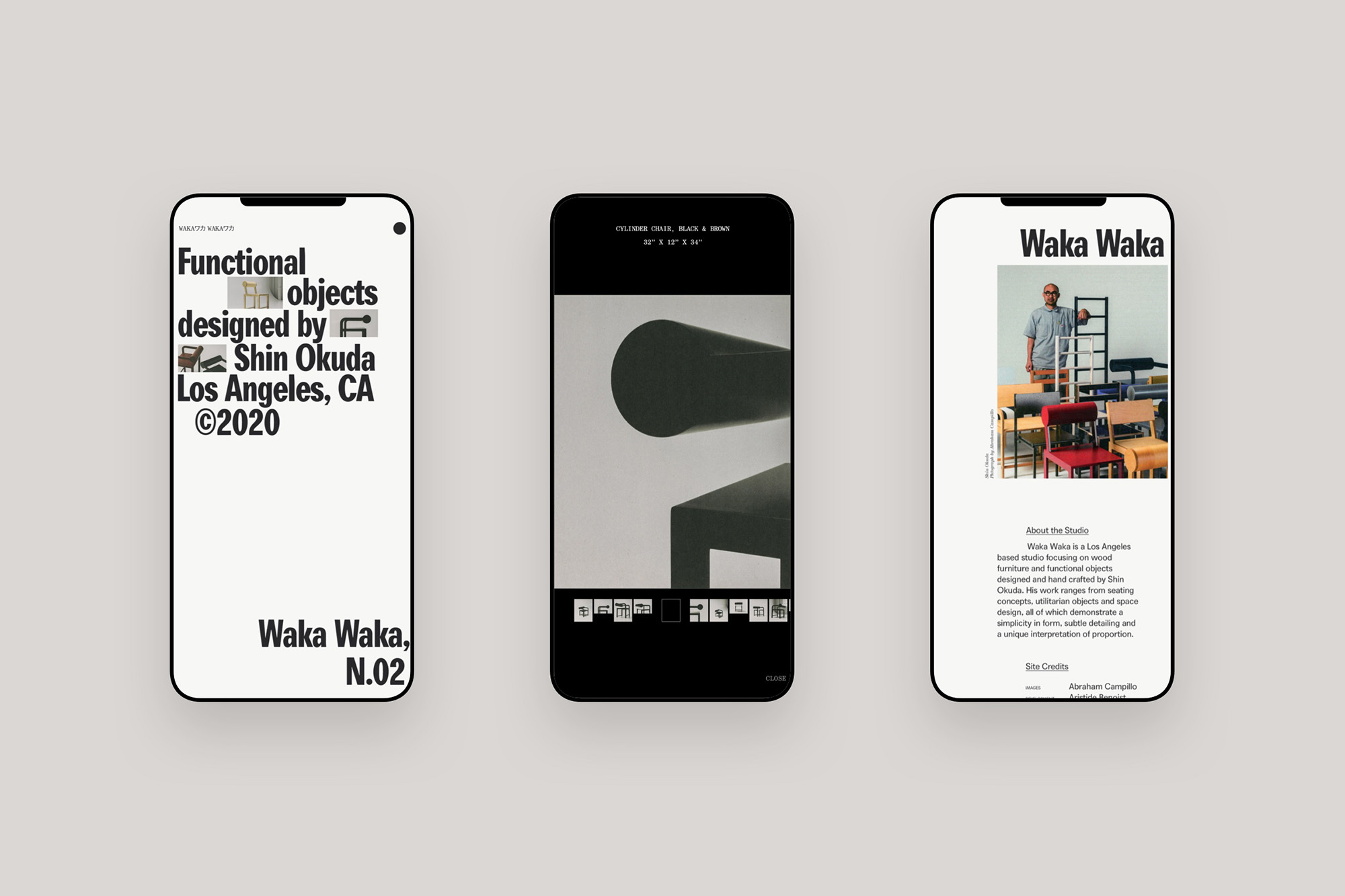 Three smartphone screens display the website for 'Waka Waka, N.02', featuring functional objects designed by Shin Okuda in Los Angeles, CA.