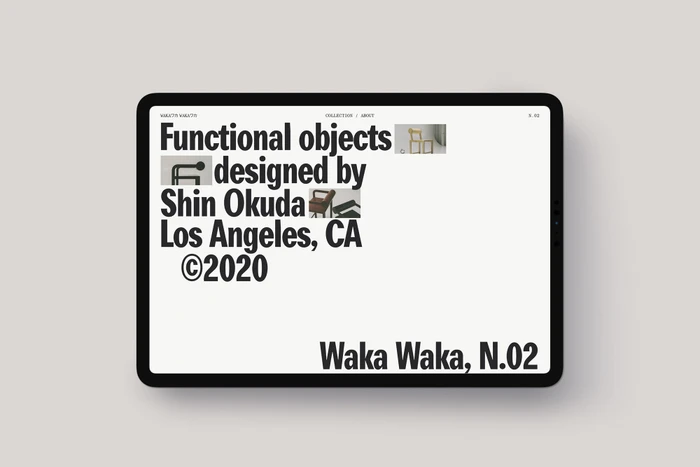 Digital tablet displaying Waka Waka brand identity featuring bold typography and small preview thumbnails on a light background