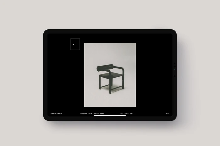 Digital tablet displaying a dark wooden cylinder chair on a white background as part of Waka Waka brand identity.