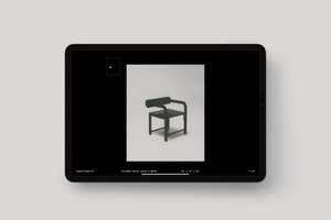 Digital tablet displaying a dark wooden cylinder chair on a white background as part of Waka Waka brand identity.