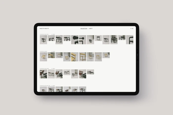Tablet displaying Waka Waka brand identity website showcasing furniture collections and product thumbnails