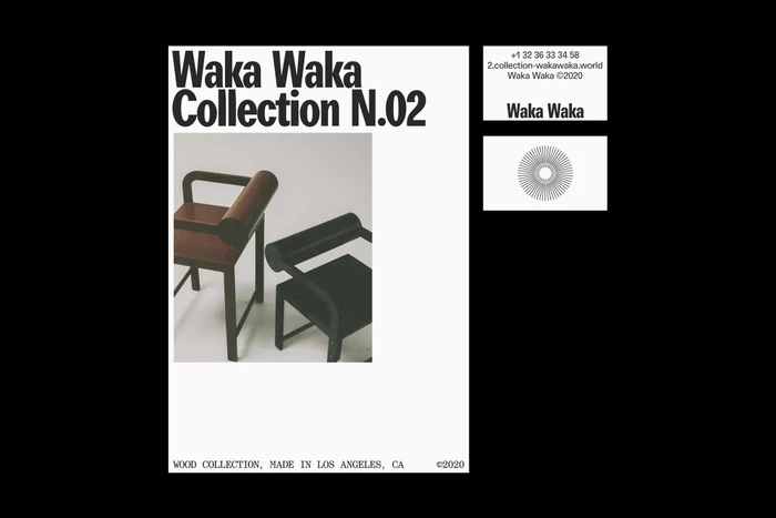 Graphic design layout showcasing two wooden chairs with rounded bolsters for Waka Waka Collection N.02 brand identity