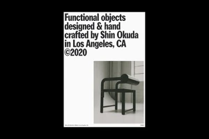 Black and white graphic poster featuring bold typography and a photograph of a modern wooden chair.