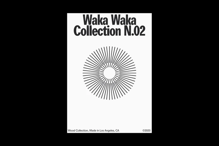 Black and white graphic design poster for Waka Waka Collection N.02 featuring bold typography and a circular radial line motif.
