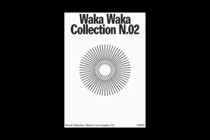 Black and white graphic design poster for Waka Waka Collection N.02 featuring bold typography and a circular radial line motif.