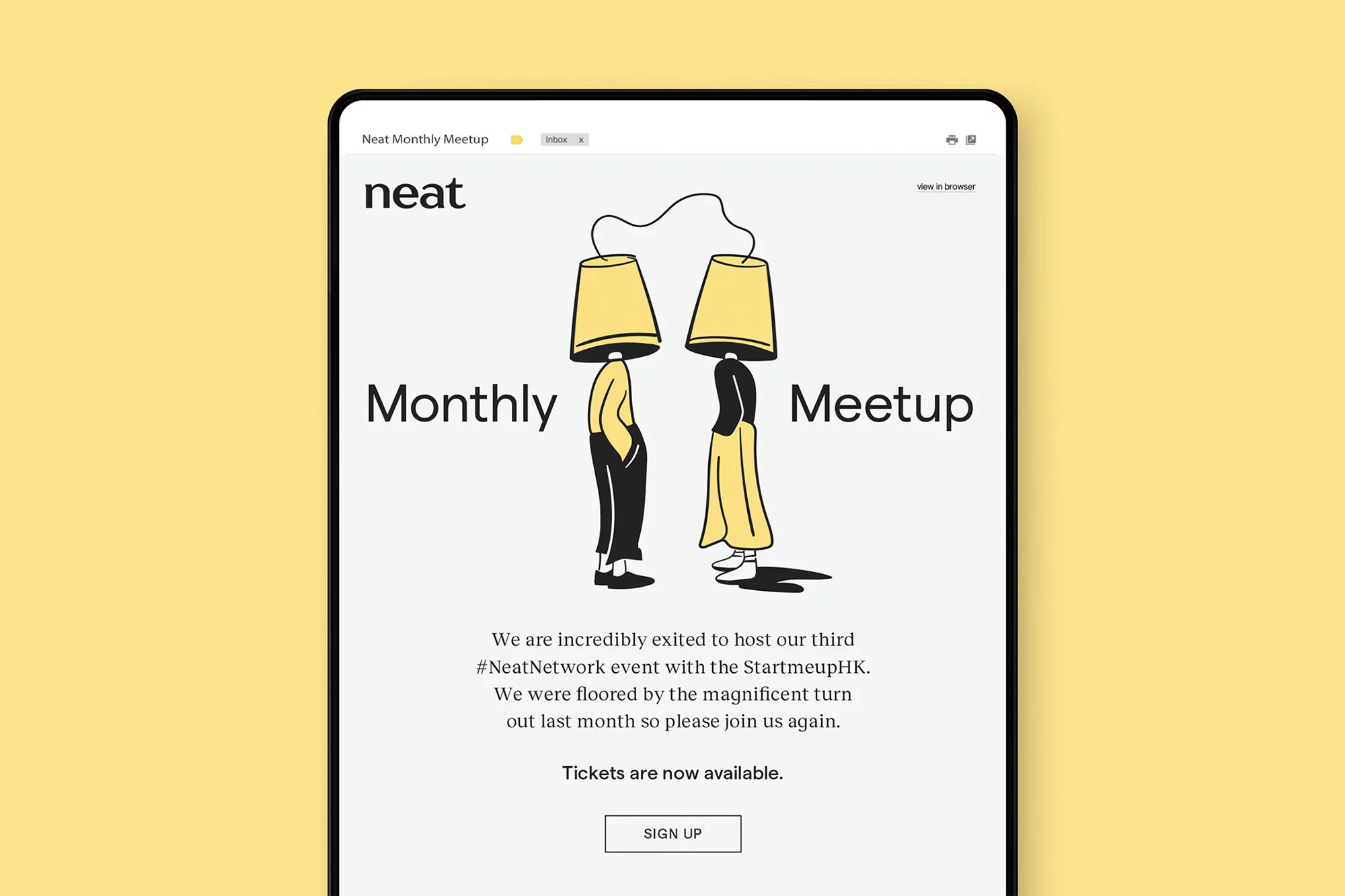 Digital tablet mockup showing a 'Neat Monthly Meetup' email with two cartoon figures with lamp shades on a pale yellow background.