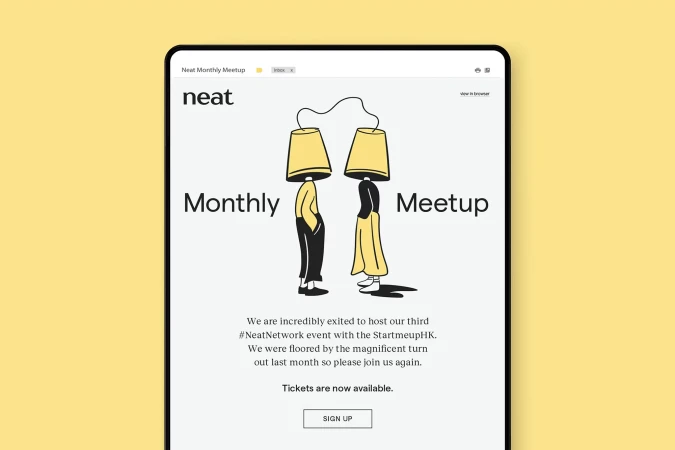 Digital tablet mockup showing a 'Neat Monthly Meetup' email with two cartoon figures with lamp shades on a pale yellow background.