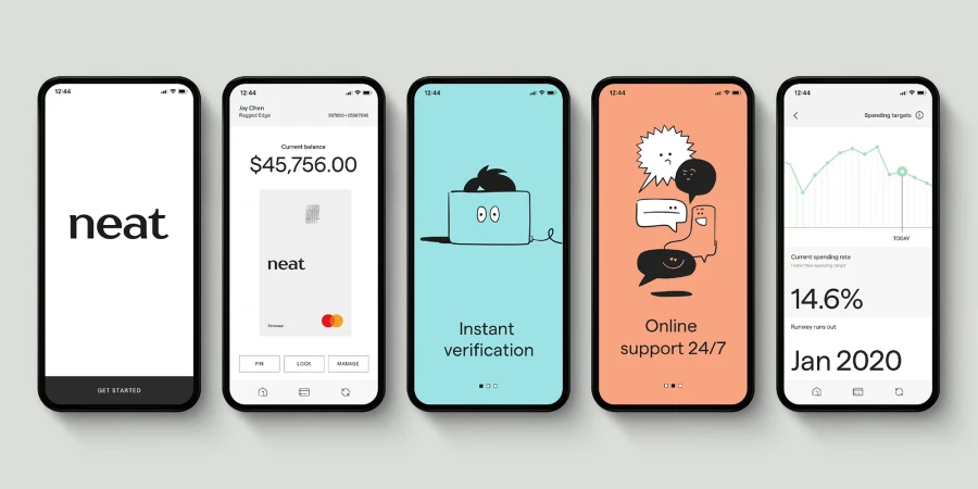 Five smartphones display the Neat app interface showcasing various features, including account balances, instant verification, and online support.