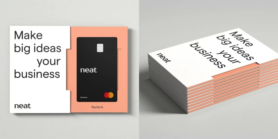 Modern business concept featuring a black credit card in a peach-colored holder and marketing text, set against a minimalist background.