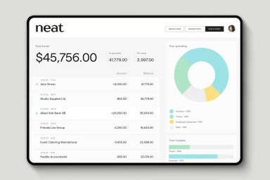 Digital interface design showing financial dashboard for Neat with total funds, transaction history, and spending chart