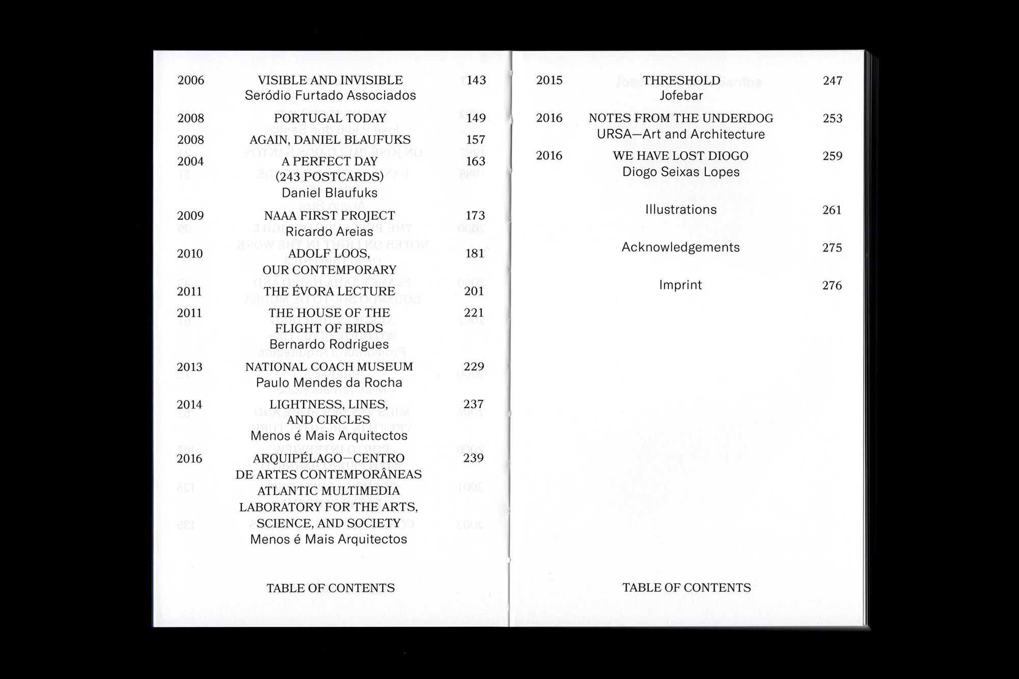 Two pages from a book or magazine, displaying the table of contents with years, titles, and page numbers, set against a black background.