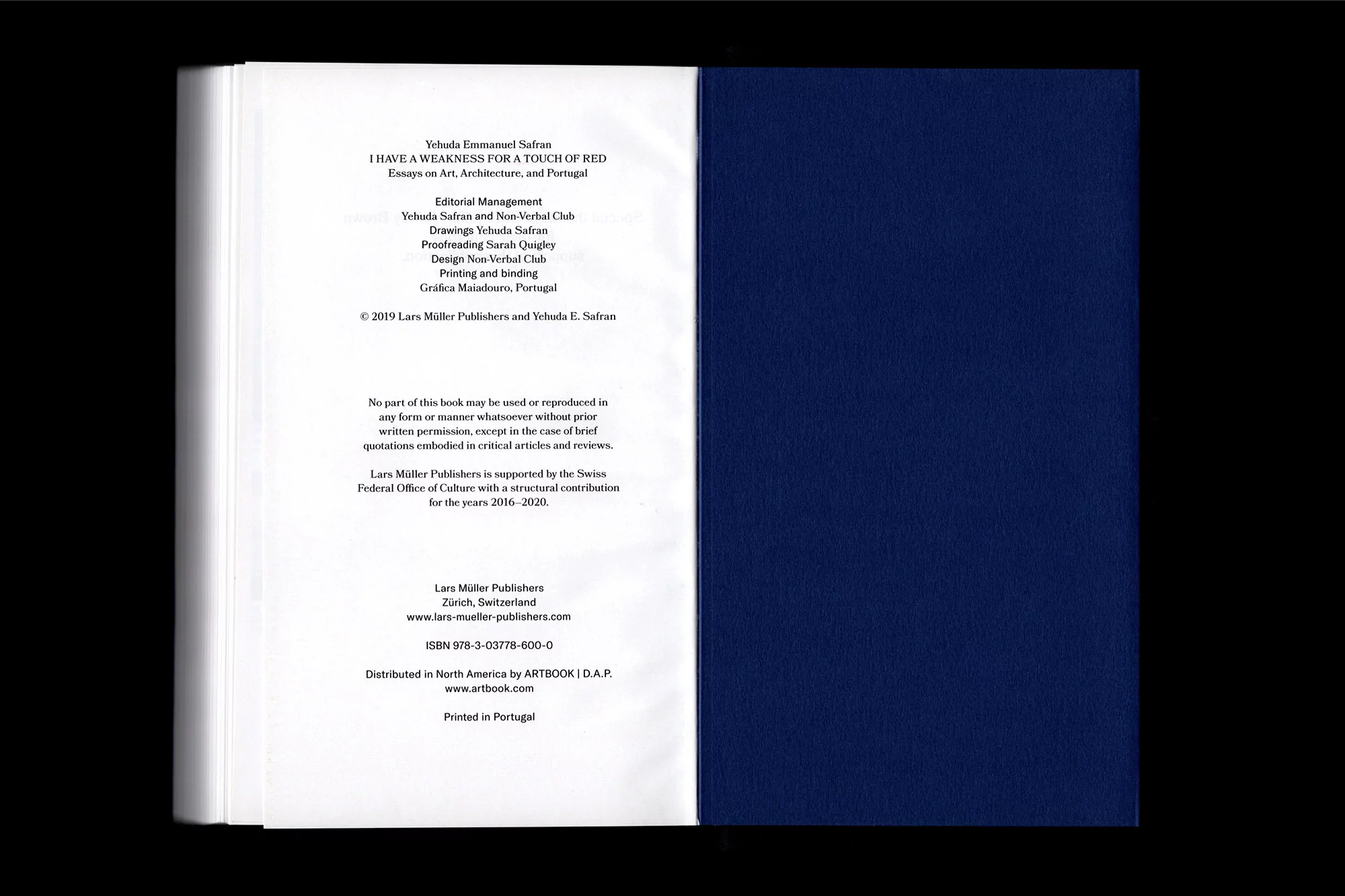 Open book featuring text and book cover displaying a solid dark blue on a black backdrop, focusing on design and publication elements.