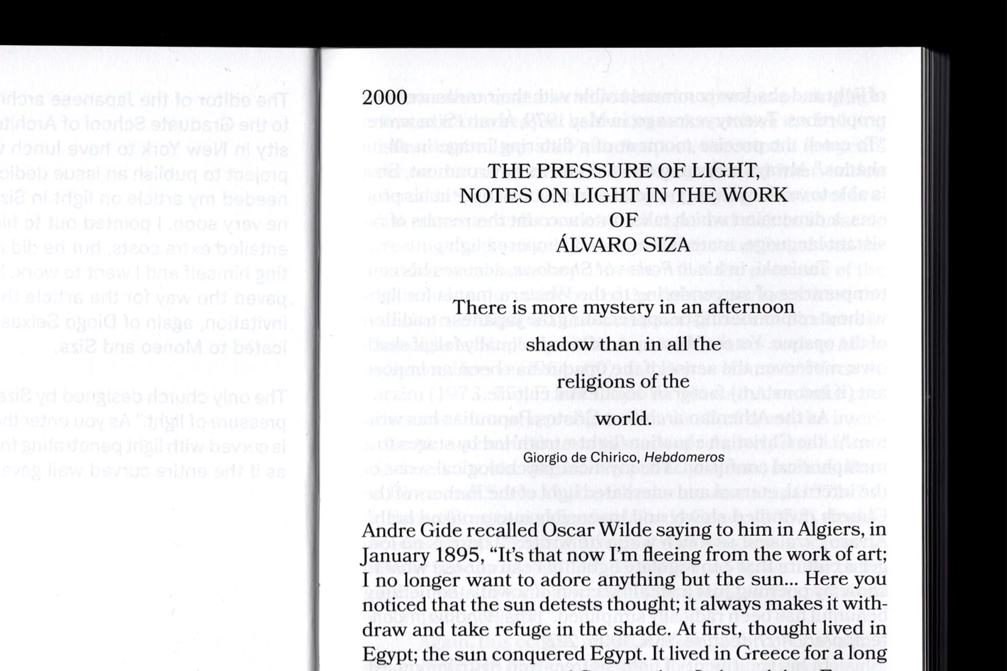 Image of a book's pages, featuring text excerpts from 'The Pressure of Light' by Álvaro Siza, exploring themes of light and shadow.
