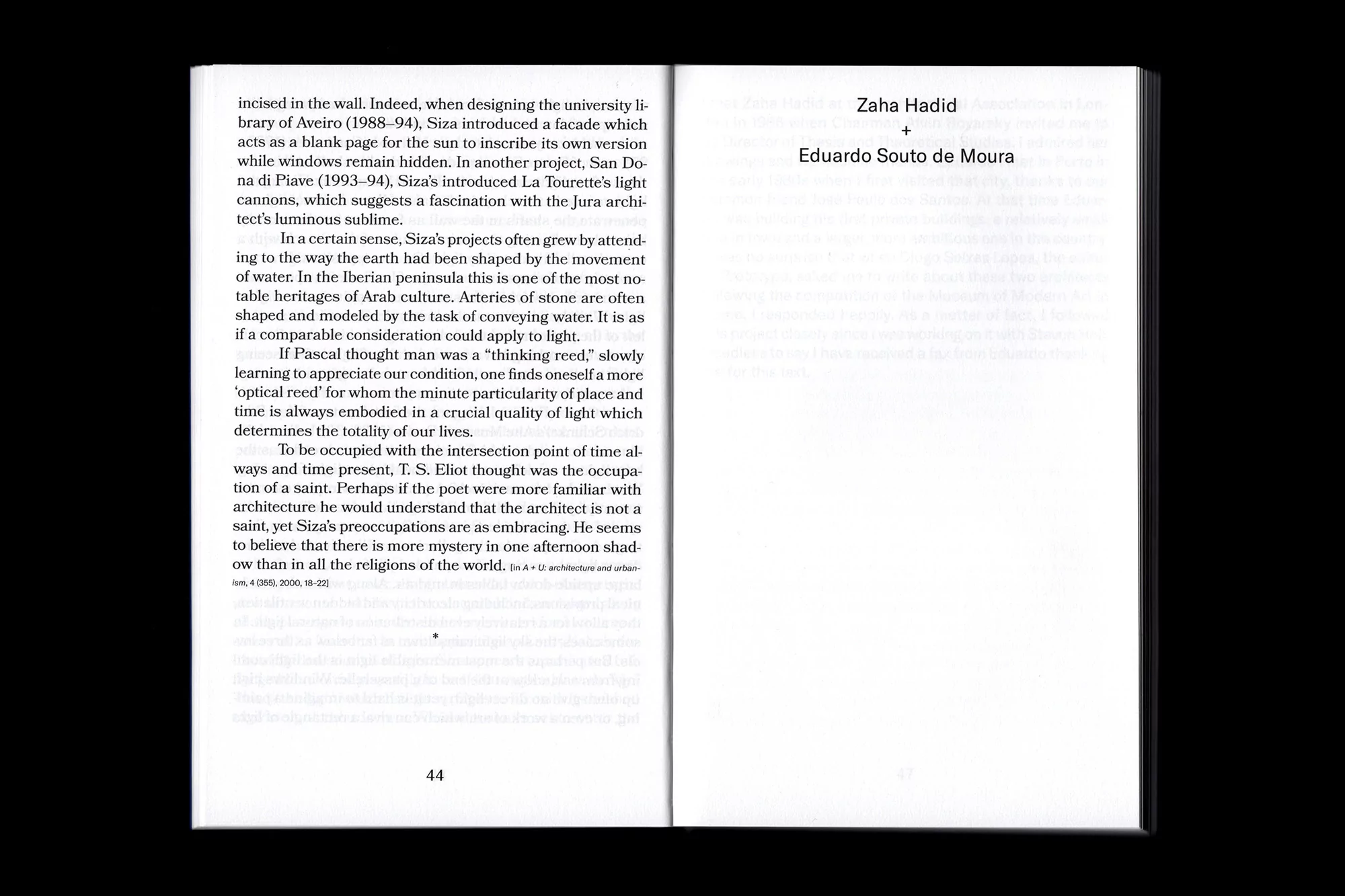 Open book displaying architectural text on white pages, featuring Zaha Hadid and Eduardo Souto de Moura's names. Clear text, dark background.
