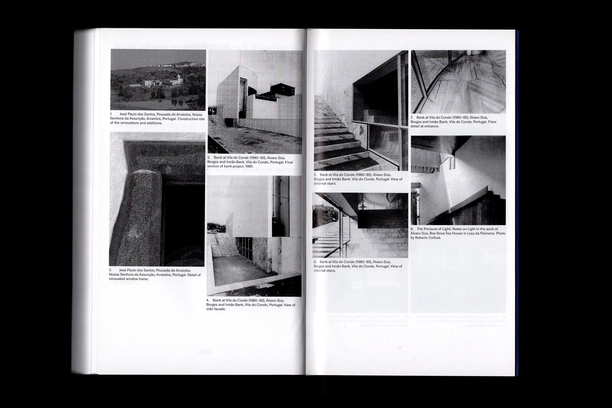 Black-and-white architectural photographs in a book, featuring buildings in Portugal, designed by Álvaro Siza and José Paulo dos Santos.