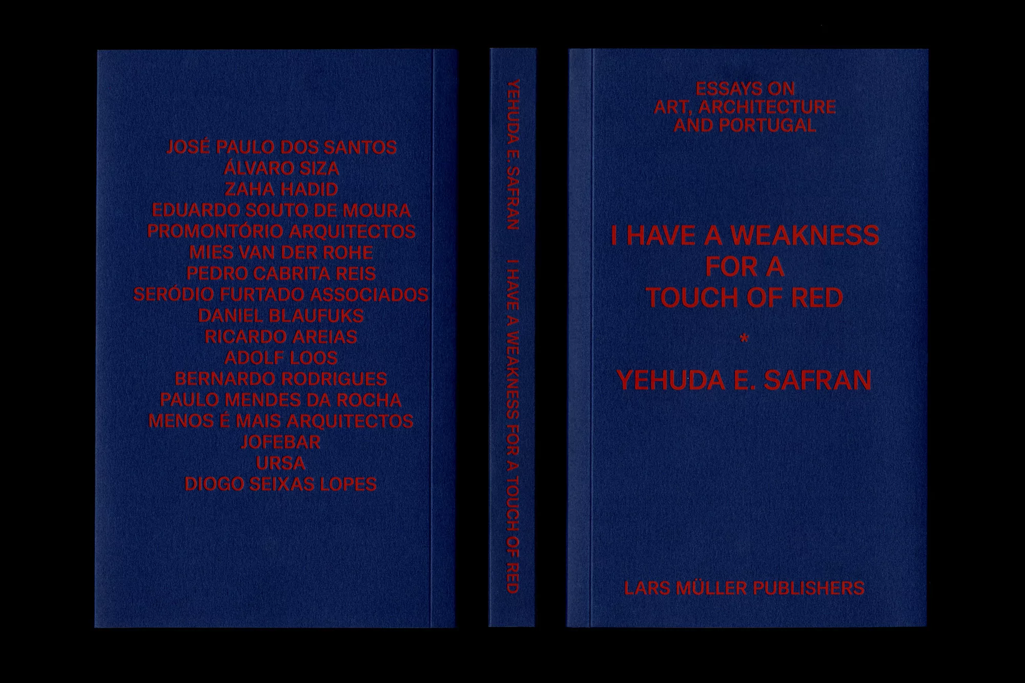 Book cover features red text on blue background, promoting Yehuda E. Safran's essays on art, architecture, and Portugal.