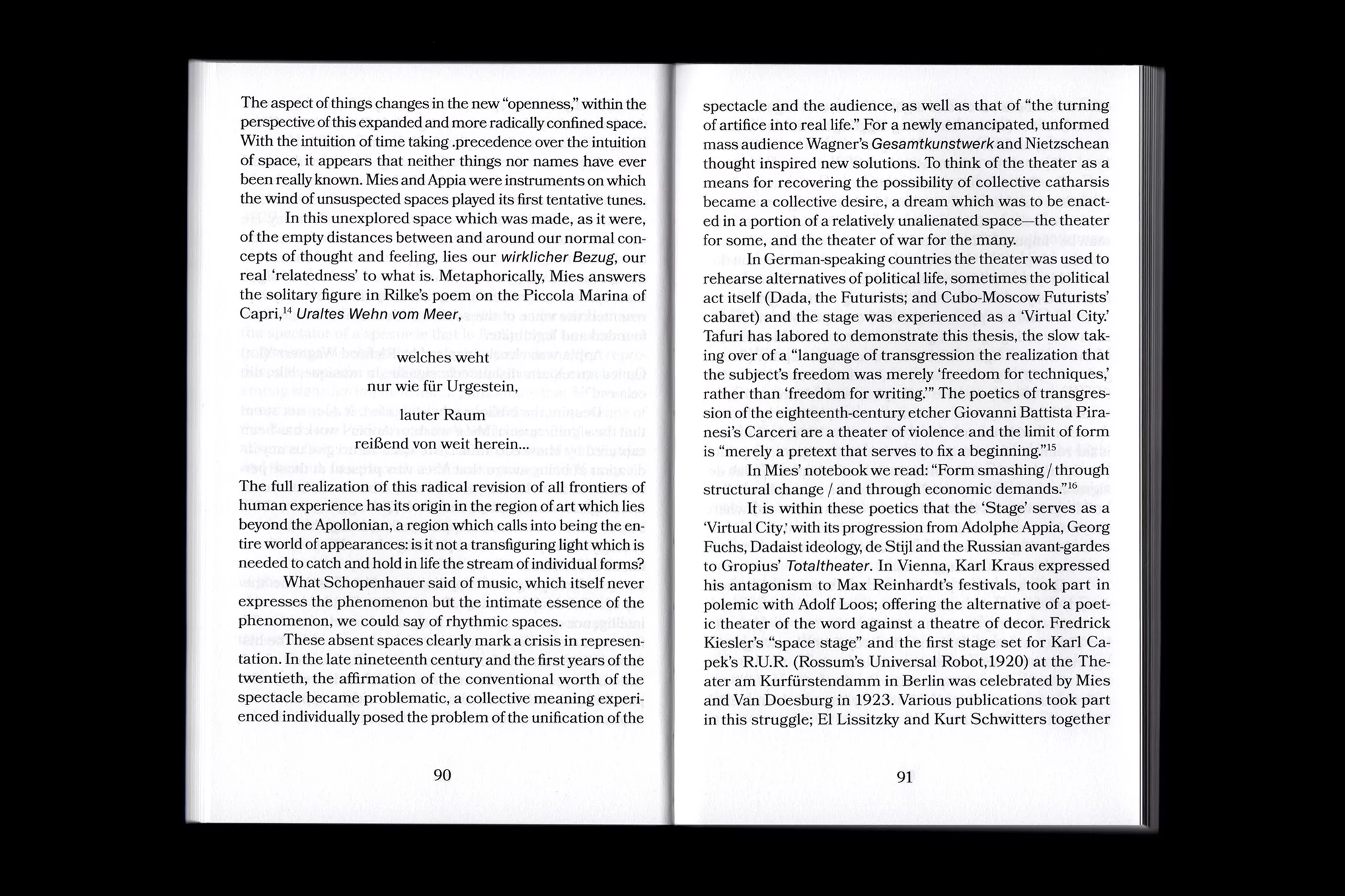 Open book spread showing printed text across pages 90 and 91 against a solid black background.