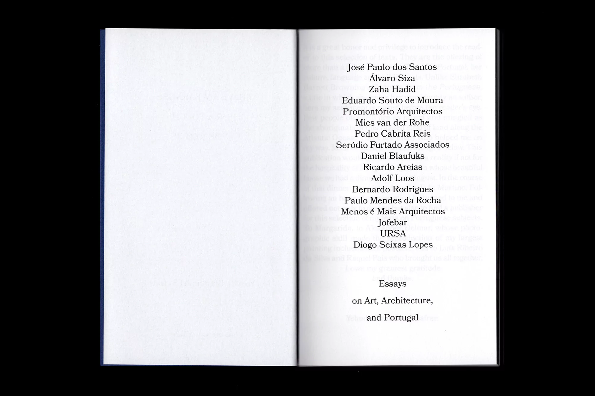 Open book with a page listing names such as Zaha Hadid, Mies van der Rohe, and titles like Essays on Art, Architecture, and Portugal.