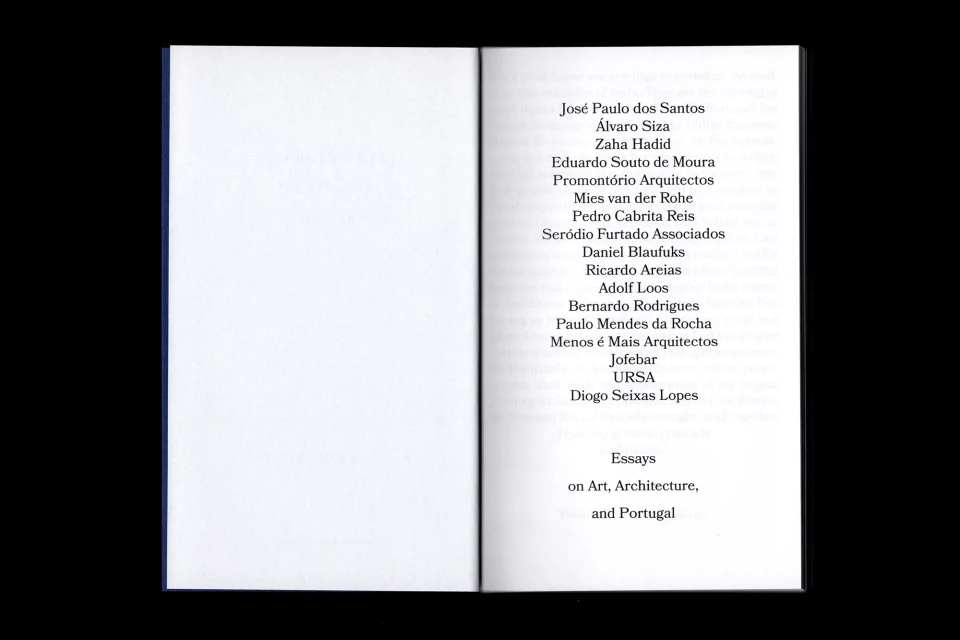 Open book with a page listing names such as Zaha Hadid, Mies van der Rohe, and titles like Essays on Art, Architecture, and Portugal.