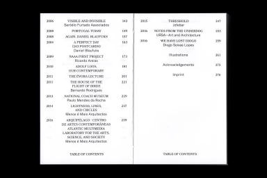 Spotted two-page spread of a book table of contents featuring black typography on white pages.