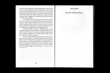 Open book spread showing black typography on white pages with architects names Zaha Hadid and Eduardo Souto de Moura