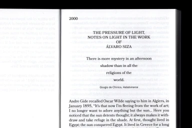 Open book page showing typographic layout with text about Álvaro Siza and quotes by Giorgio de Chirico.